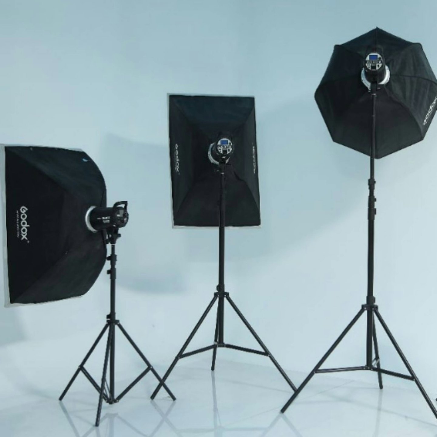 Drei Studioblitzgeräte auf Stativen mit Softboxen und einem Schirm.